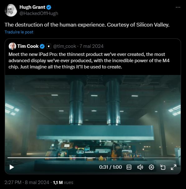 "The destruction of the human experience. Courtesy of Silicon Valley." - Hugh Grant - @HackedOffHugh on X